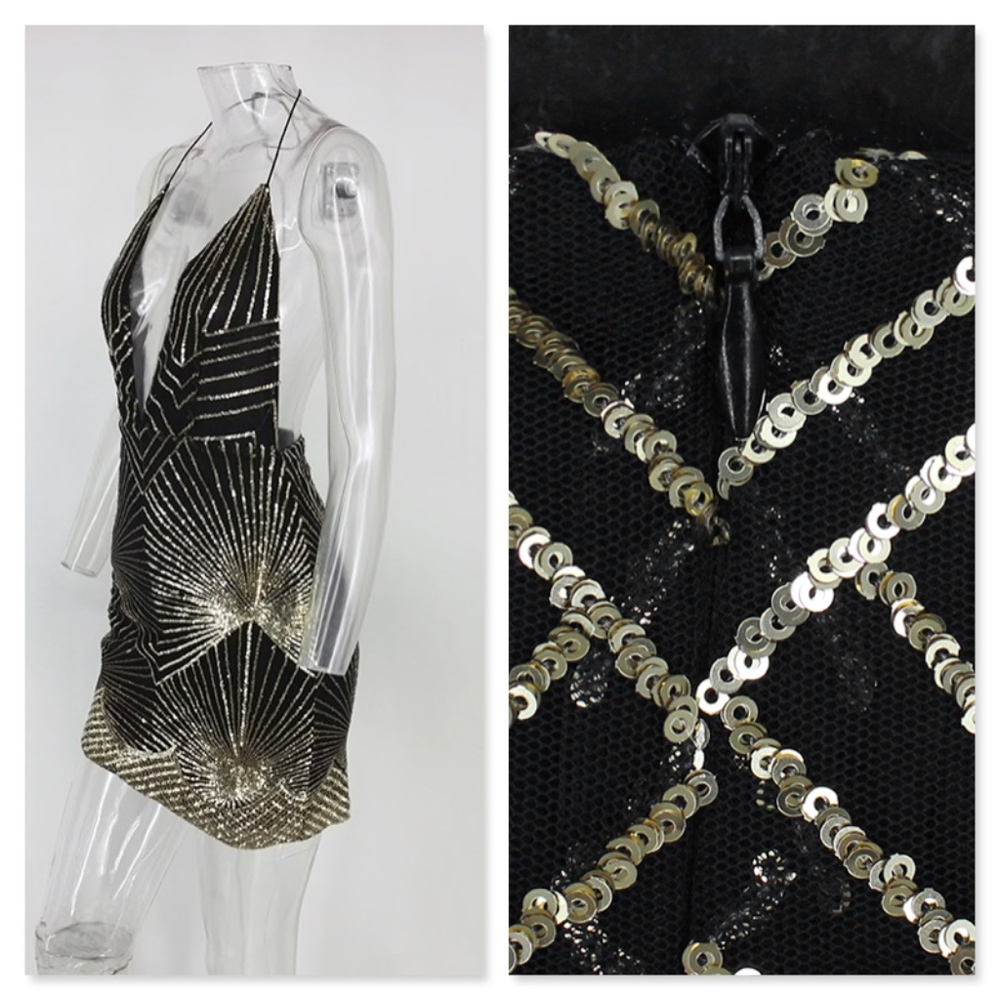 Plunging V-Neck Backless Sequin Mini Dress Black - Picture 6 of 15